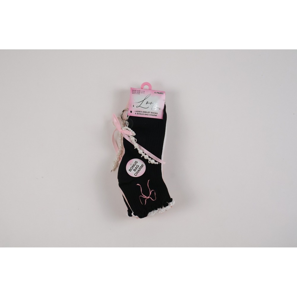 Love B Anklet Socks Ruffle Bow Trim Black Pink White 6 Pairs NWT Accessory Charm